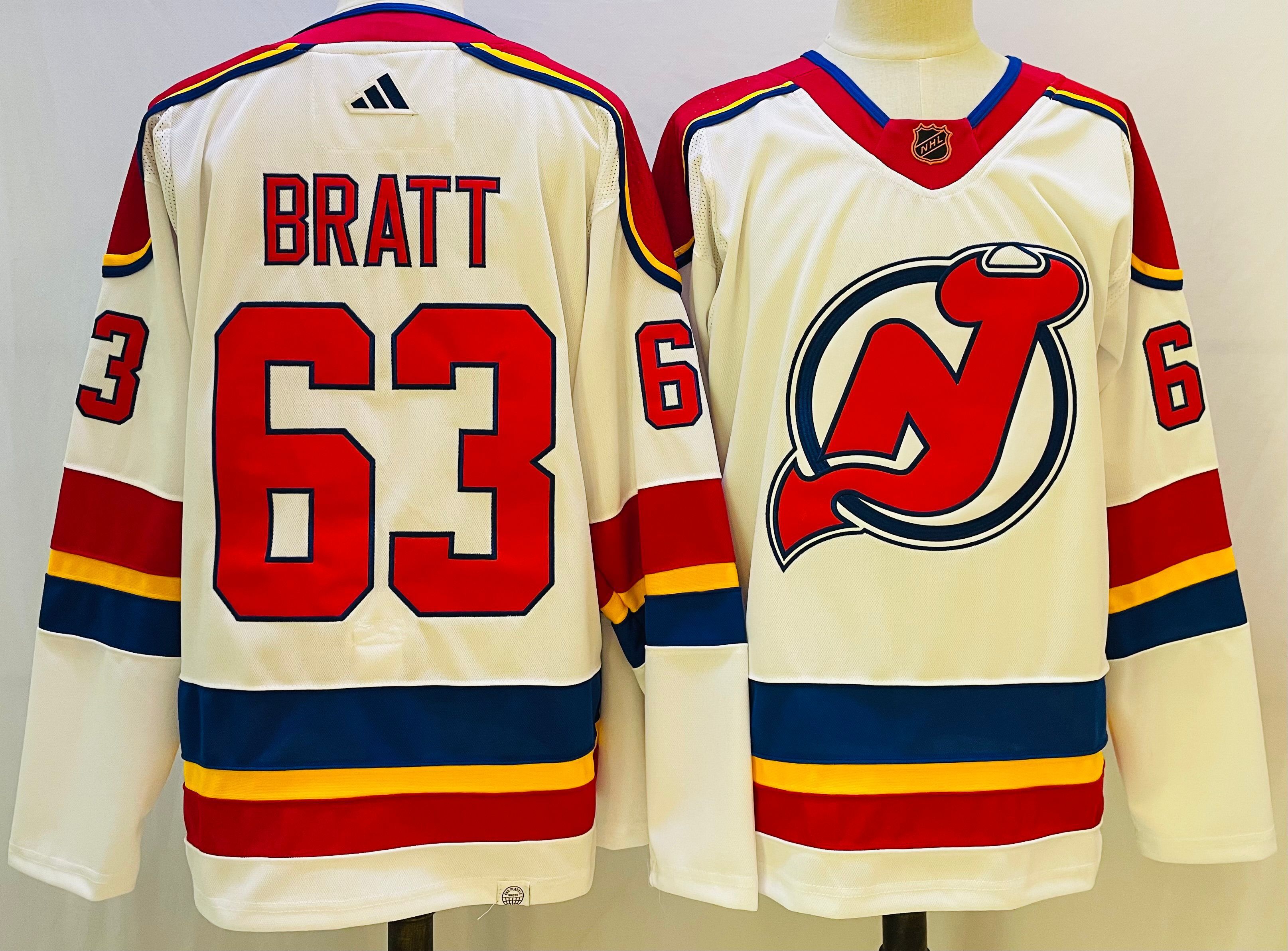 Men New Jersey Devils 63 Bratt White Throwback 2022 Adidas NHL Jersey